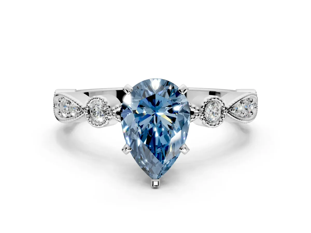 Solitaire Engagement Ring Setting for Fancy Blue Pear-Shaped Center with Milgrain Bezel Accents and Prong Head in Platinum