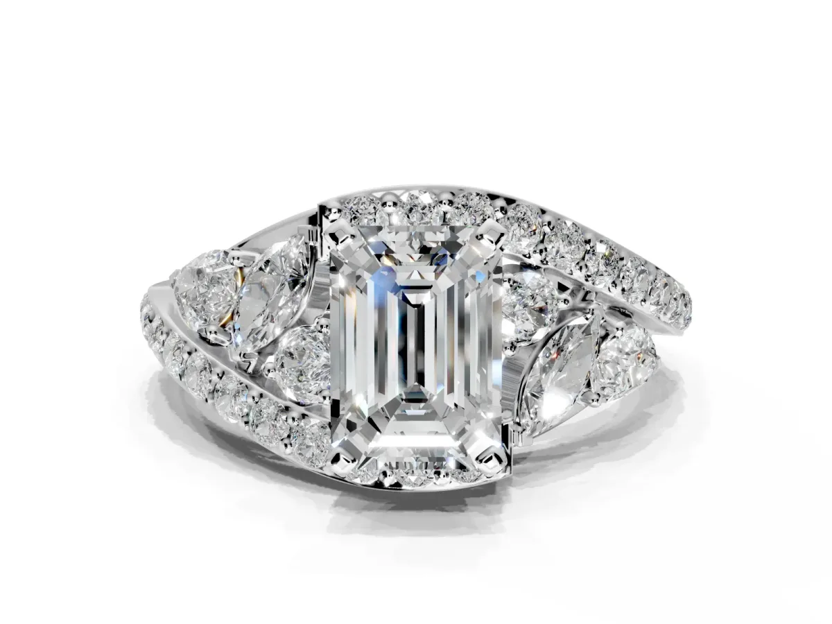 Halo Engagement Ring Setting for Emerald Cut Center with Marquise and Pave Bypass Band and Prong Head in Platinum