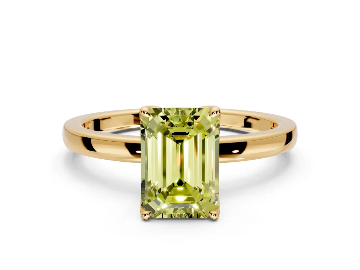 Solitaire Engagement Ring Setting for Fancy Yellow Emerald Cut Center with Thin Rounded Plain Band and Prong Head in Yellow Gold
