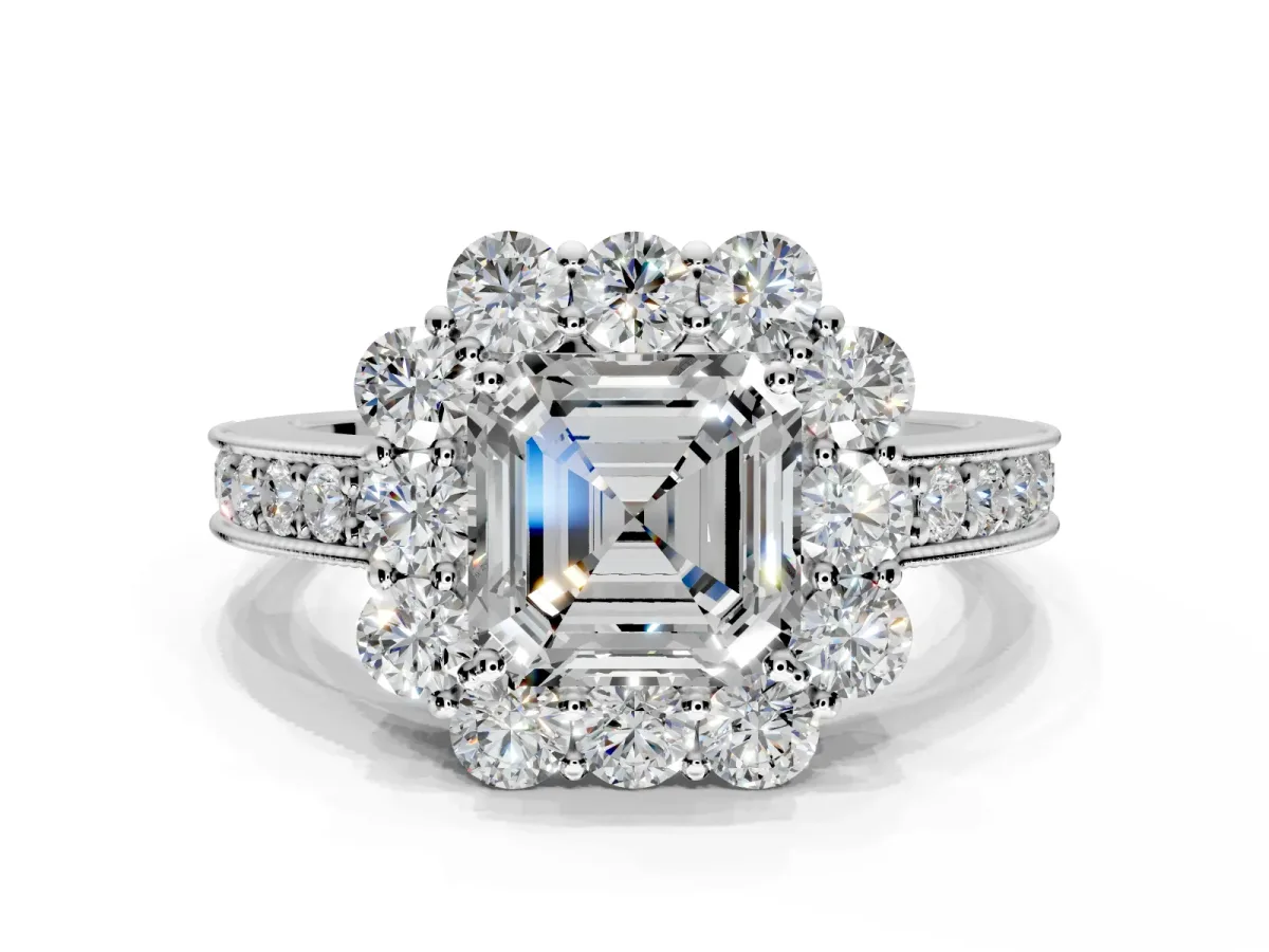 Halo Engagement Ring Setting for Asscher Cut Center with Milgrain Channel Band and Prong Head in Platinum