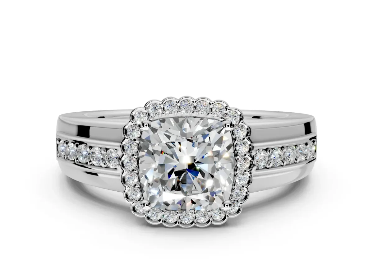 Halo Engagement Ring Setting for Cushion Cut Center with Wide Band, Inlaid Accent Row and Prong Head in White Gold