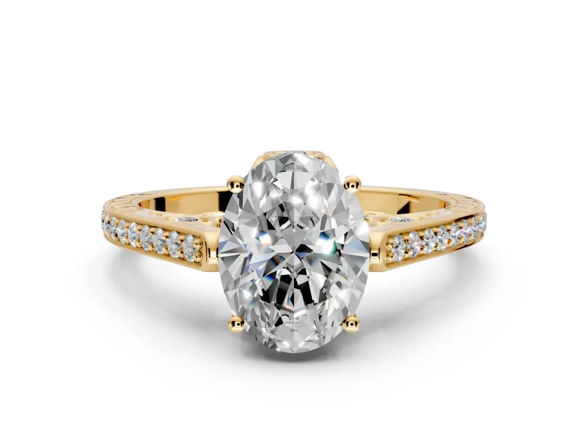Cathedral Engagement Ring Setting for Oval Center with Antique-Style Pave Band and Prong Head in Yellow Gold
