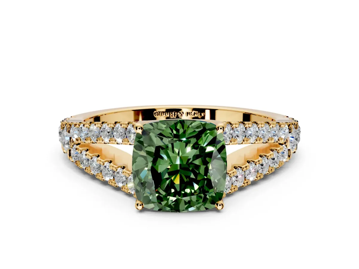 Solitaire Engagement Ring Setting for Fancy Green Cushion Cut Center with Pave Split Shank and Prong Head in Yellow Gold