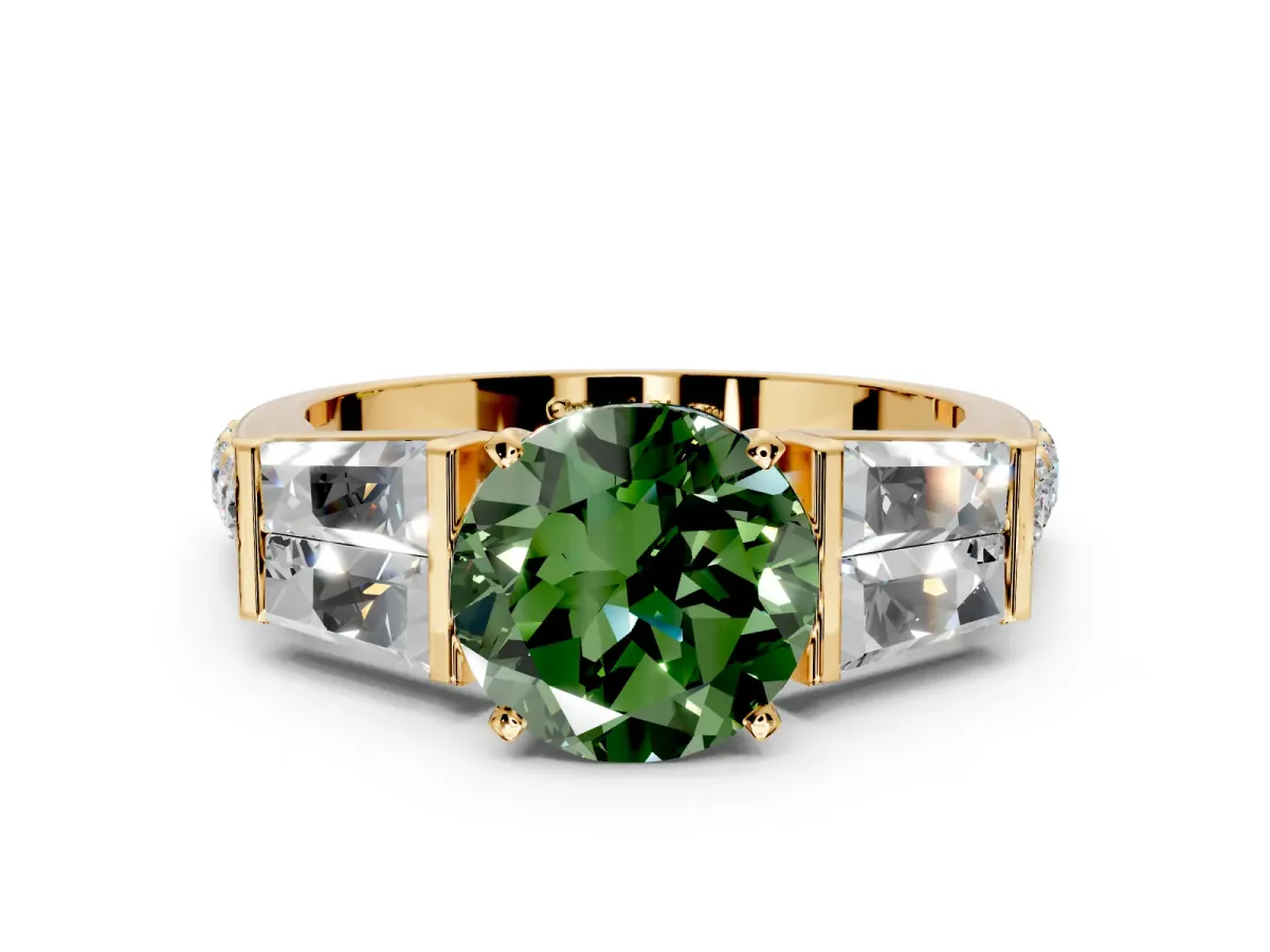 Channel-Set Engagement Ring Setting for Fancy Green Round Cut Center with Baguette Band and Prong Head in Yellow Gold