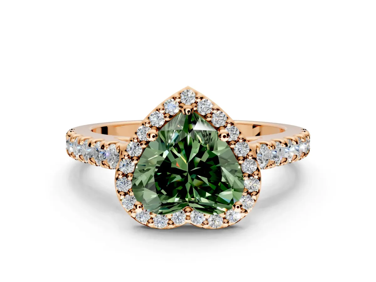 Halo Engagement Ring Setting for Fancy Green Heart-Shaped Center with Full Pave Band and Prong Head in Rose Gold