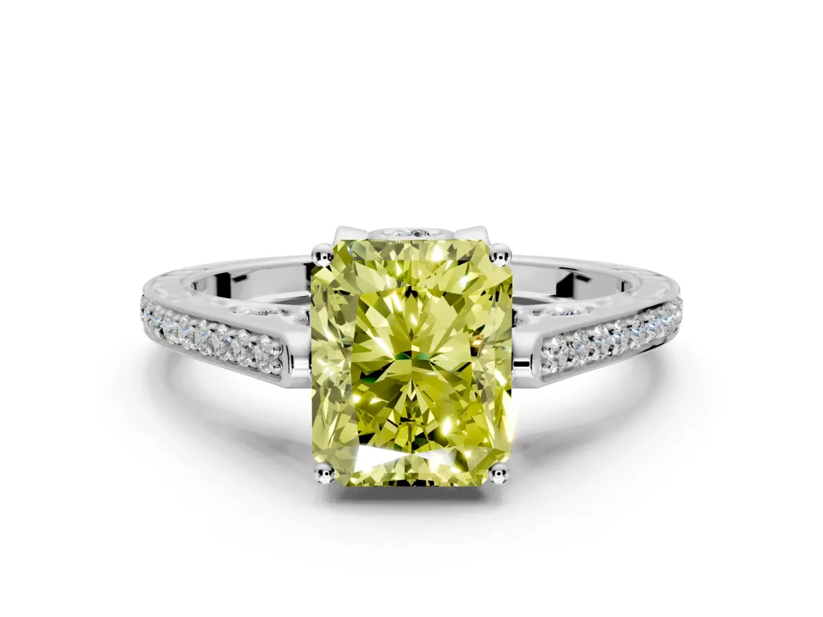 Cathedral Engagement Ring Setting for Fancy Yellow Radiant Cut Center with Antique-Style Pave Band and Prong Head in Platinum