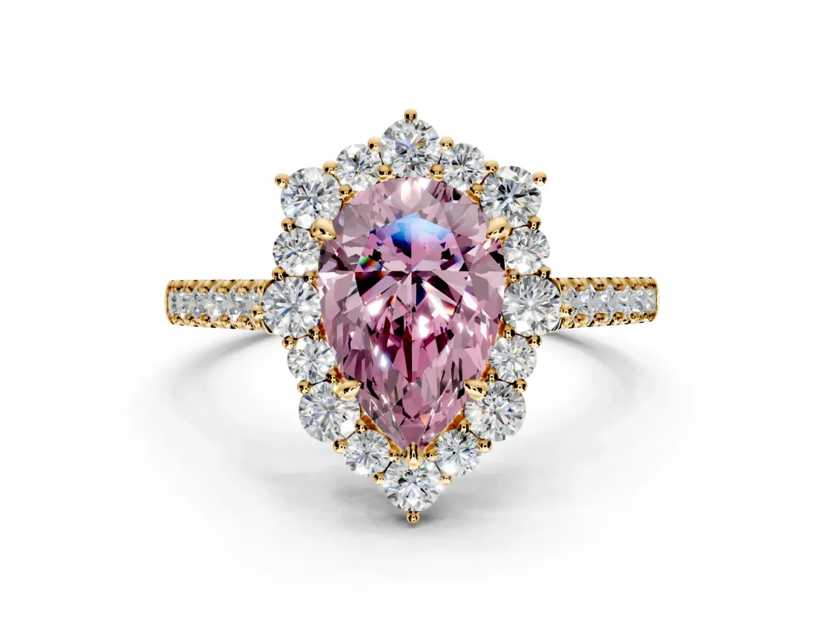 Halo Engagement Ring Setting for Fancy Pink Pear-Shaped Center with Single-Row Pave, Open Basket and Prong Head in Yellow Gold