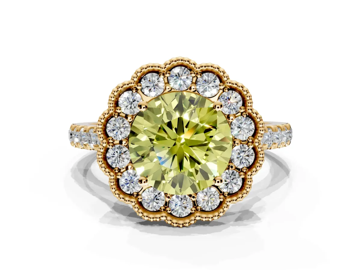 Milgrain Floral Halo Engagement Ring Setting for Fancy Yellow Round Cut Center with Pave Band and Prong Head in Yellow Gold