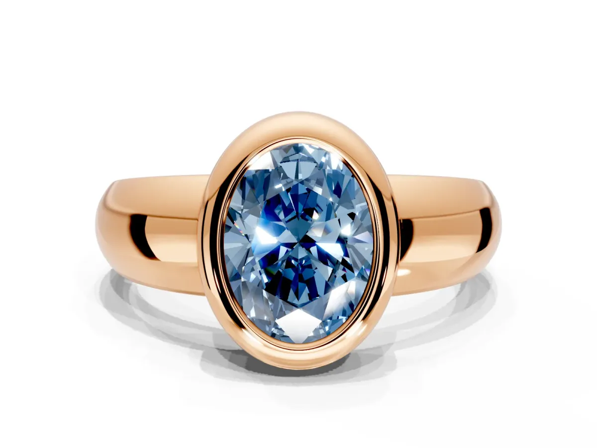 Solitaire Engagement Ring Setting for Fancy Blue Oval Center with Wide Band and Bezel Head in Rose Gold