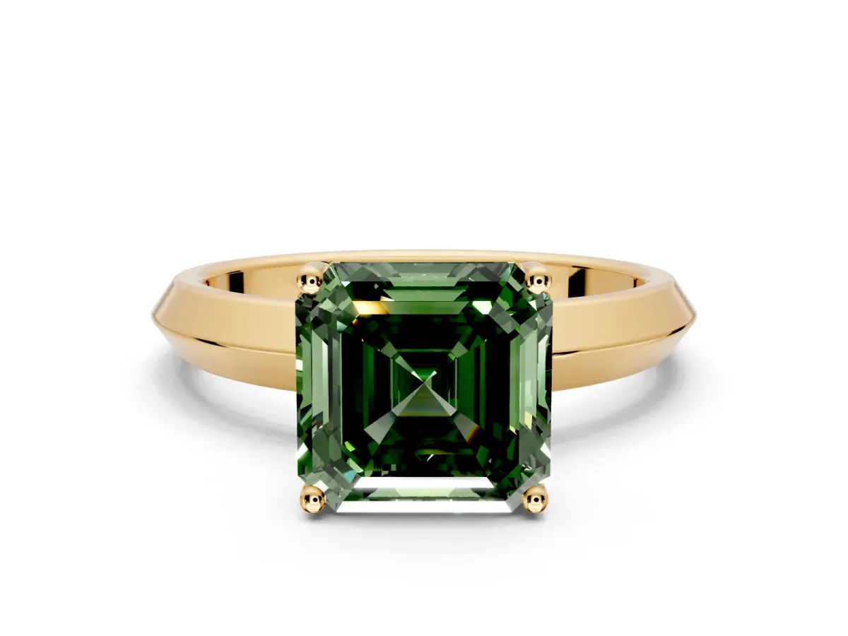 Solitaire Engagement Ring Setting for Fancy Green Asscher Cut Center with Wide Knife Ridge Band and Prong Head in Yellow Gold