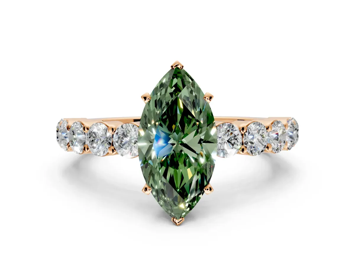 Shared-Prong Engagement Ring Setting for Fancy Green Marquise Center with Graduated Accents and Prong Head in Rose Gold