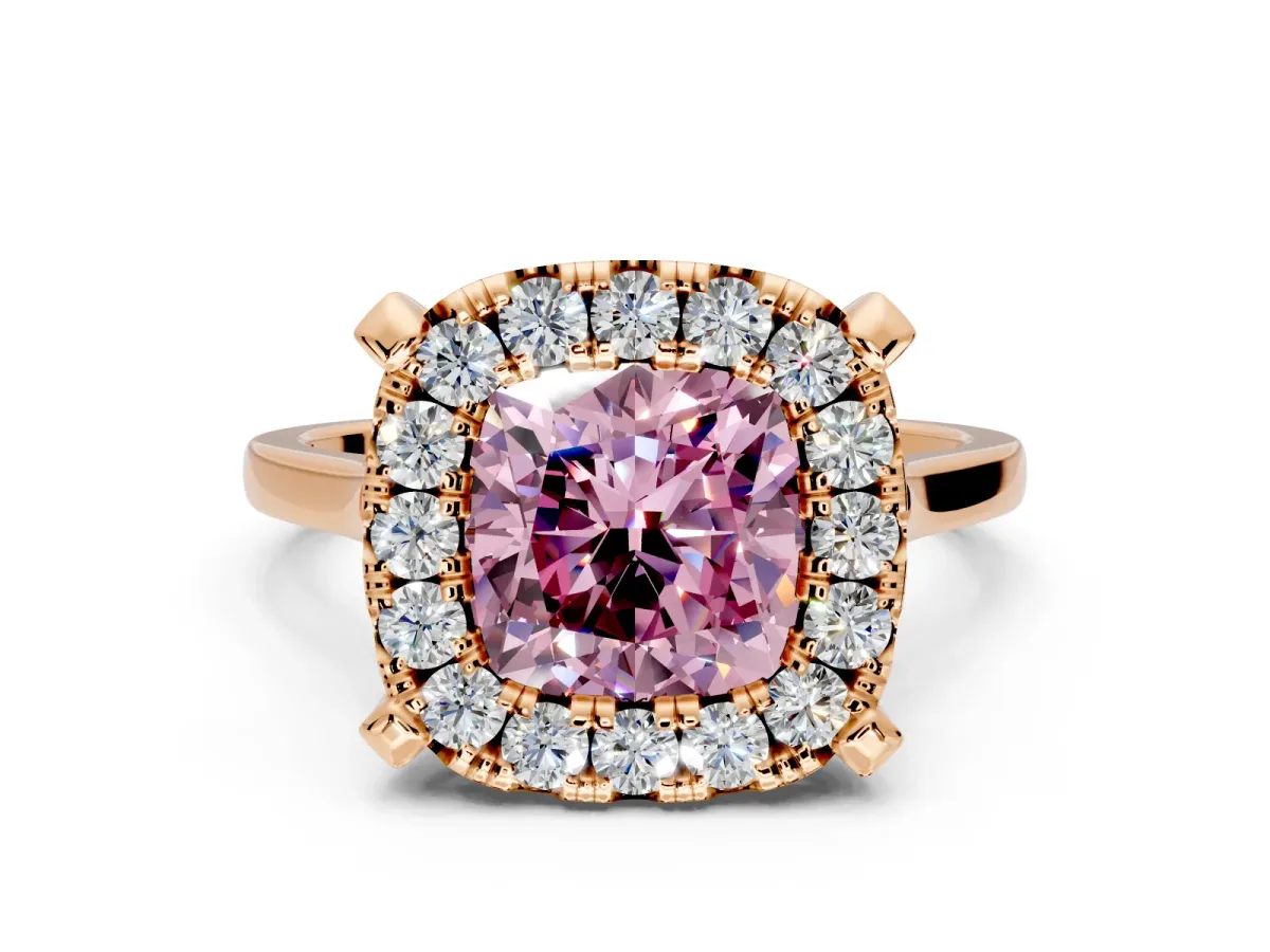 Single Halo Engagement Ring Setting for Fancy Pink Cushion Cut Center with Corner Claws, Plain Band and Prong Head in Rose Gold