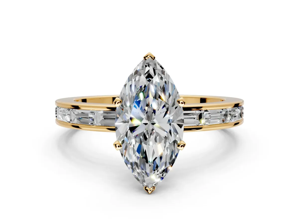 Solitaire Engagement Ring Setting for Marquise Center with Channel Baguette Band and Prong Head in Yellow Gold