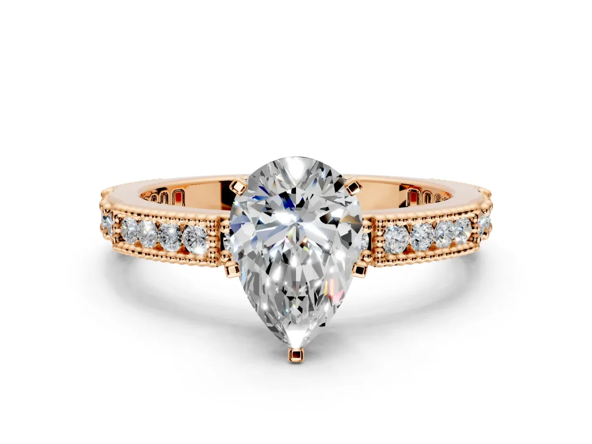 Solitaire Engagement Ring Setting for Pear-Shaped Center with Milgrain-Edged Pave Band and Prong Head in Rose Gold