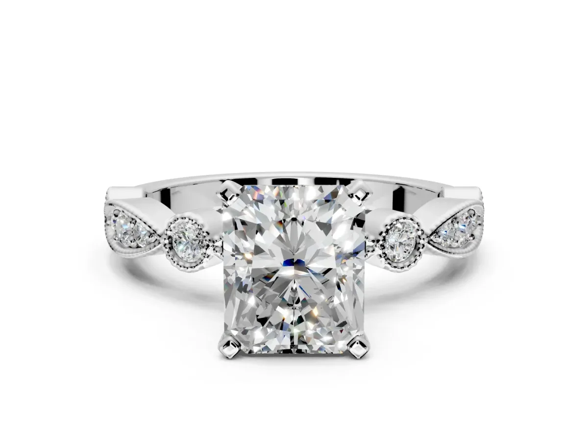 Solitaire Engagement Ring Setting for Radiant Cut Center with Milgrain Bezel Accents and Prong Head in Platinum