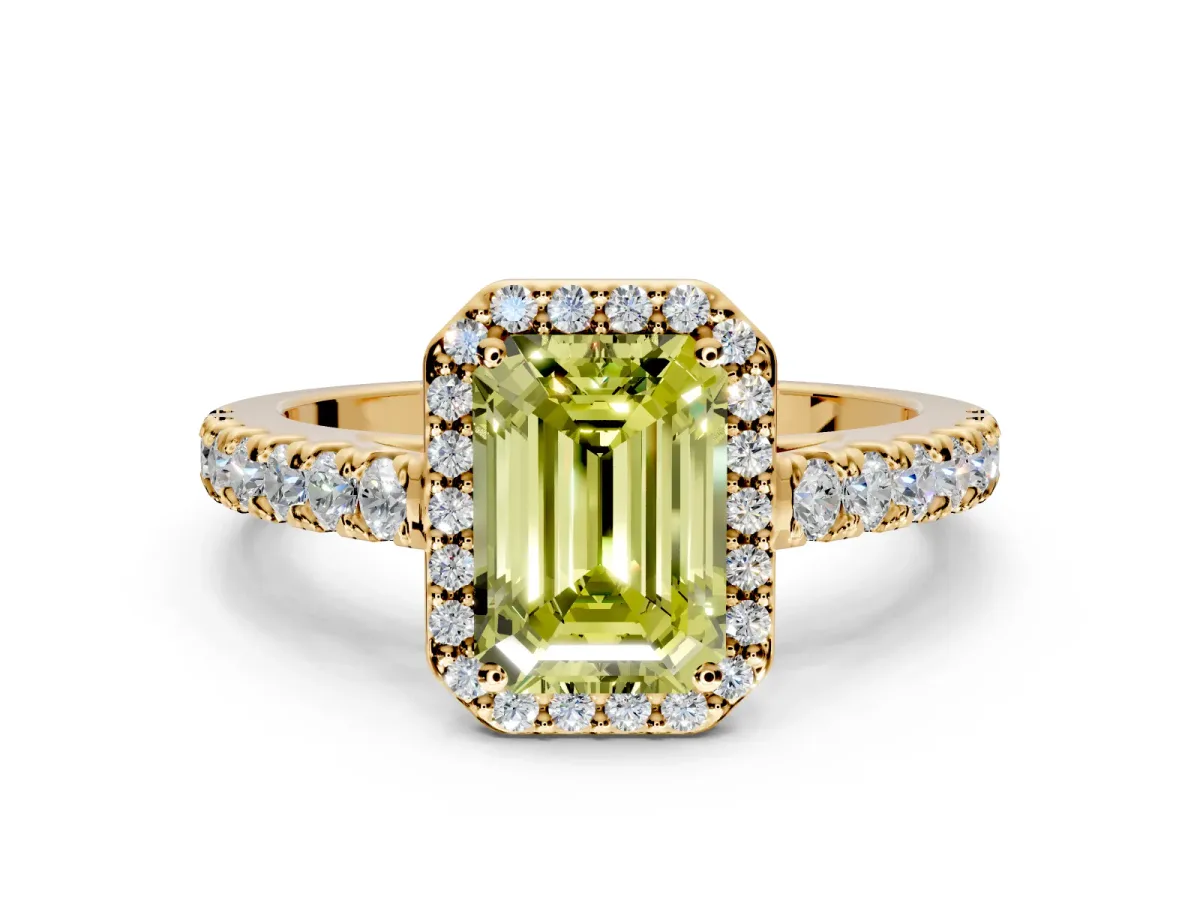 Halo Engagement Ring Setting for Fancy Yellow Emerald Cut Center with Full Pave Band and Prong Head in Yellow Gold
