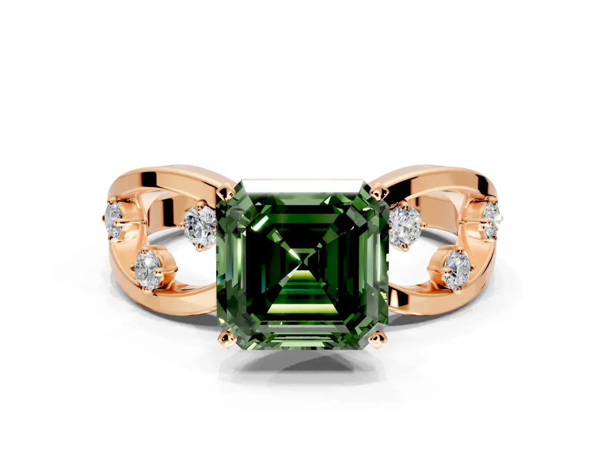 Solitaire Engagement Ring Setting for Fancy Green Asscher Cut Center with Criss-Cross Accent Band and Prong Head in Rose Gold