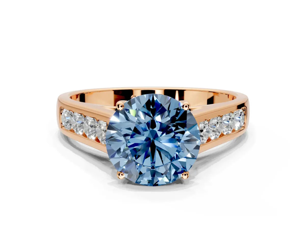 Solitaire Engagement Ring Setting for Fancy Blue Round Cut Center with Cathedral Channel Band and Prong Head in Rose Gold
