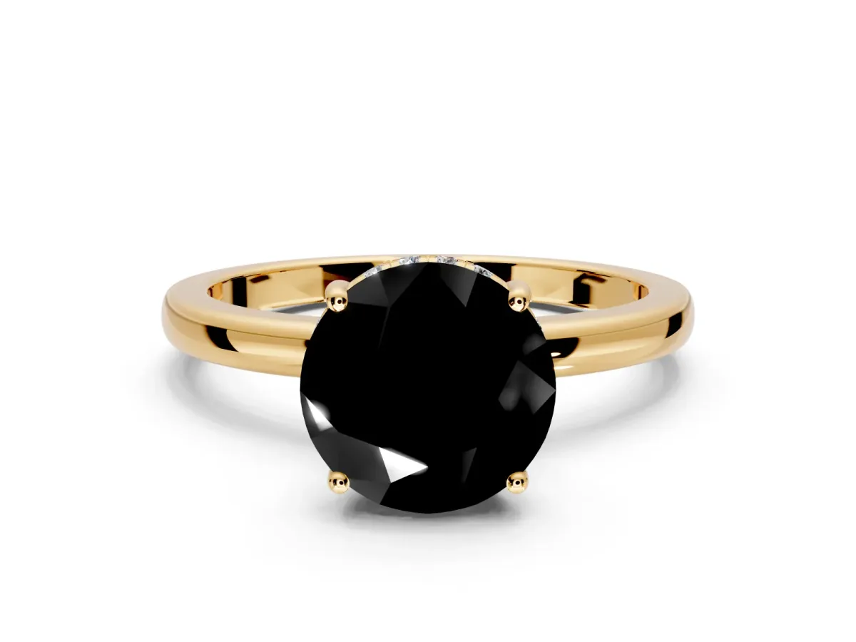Solitaire Engagement Ring Setting for Fancy Black Round Cut Center with Fine Wire Band and Prong Head in Yellow Gold