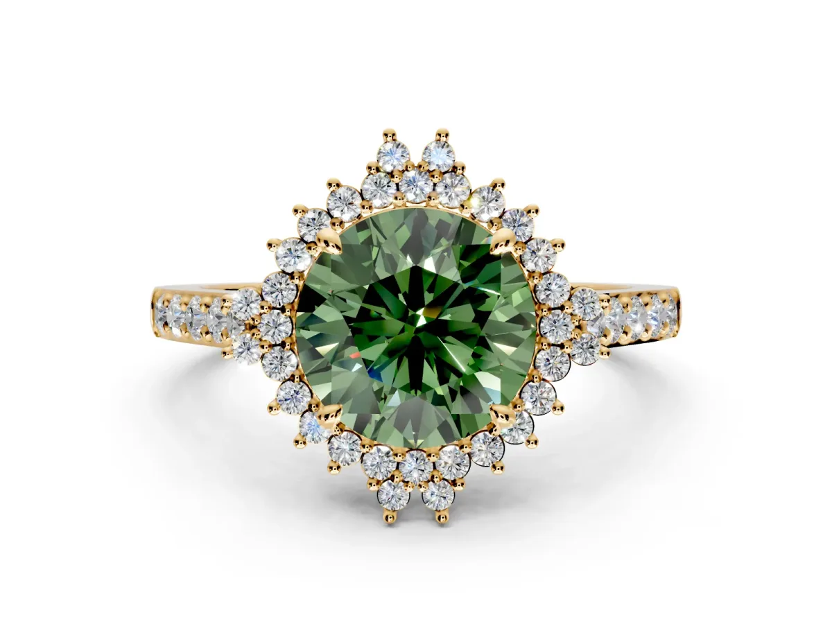 Sunburst Halo Engagement Ring Setting for Fancy Green Round Cut Center with Pave Band and Prong Head in Yellow Gold