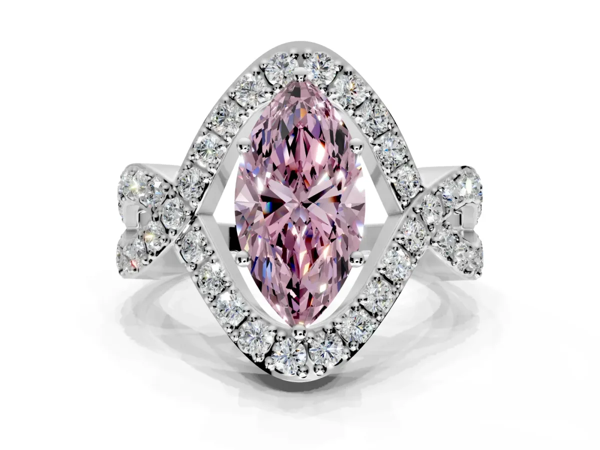 Halo Engagement Ring Setting for Fancy Pink Marquise Center with Pave Infinity Twist Band and Prong Head in White Gold