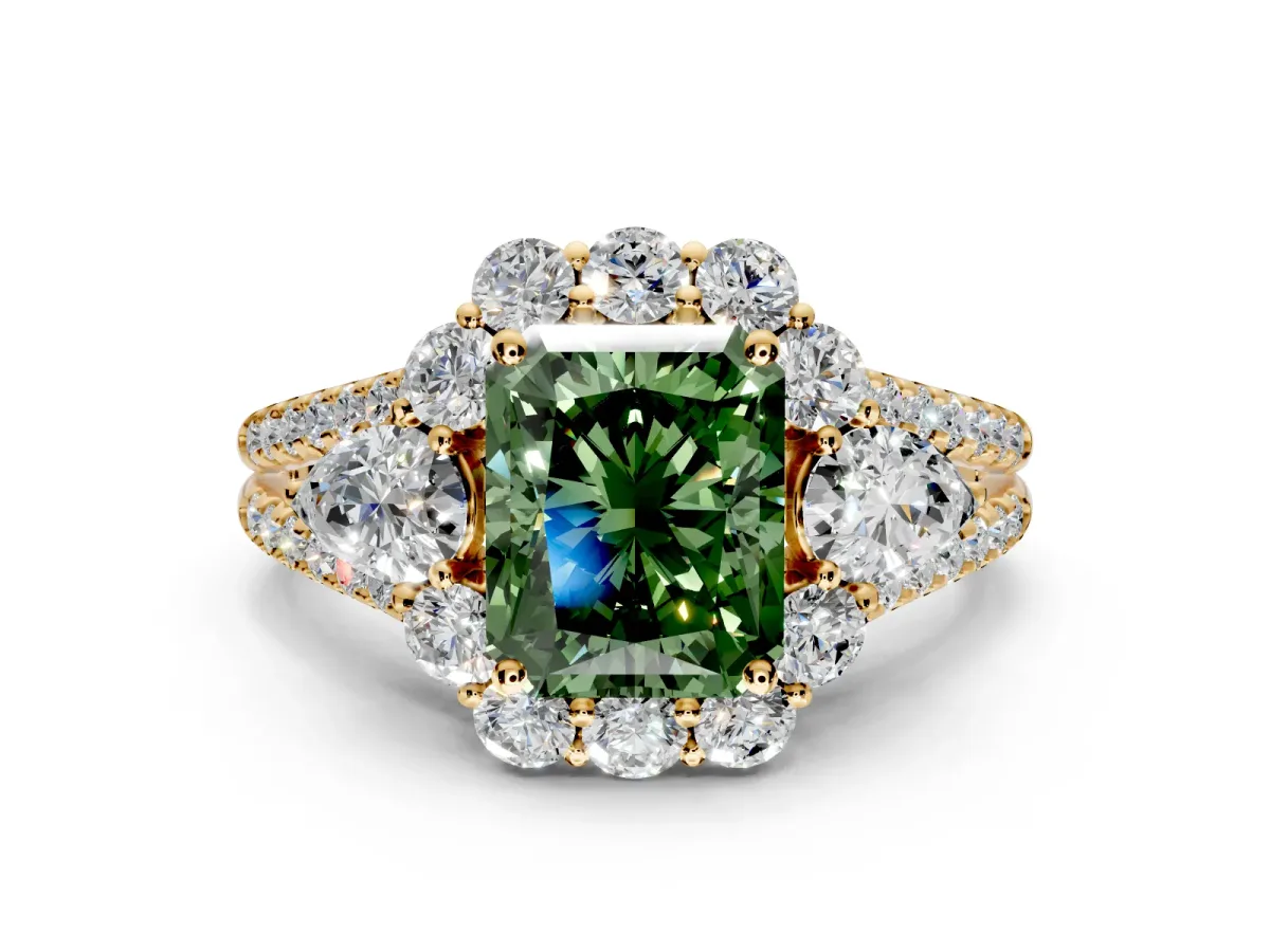 Halo Engagement Ring Setting for Fancy Green Radiant Cut Center with Two-Strand Split Shank and Prong Head in Yellow Gold