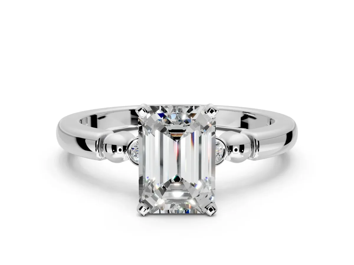 Solitaire Engagement Ring Setting for Emerald Cut Center with Beaded Shoulders and Prong Head in Platinum