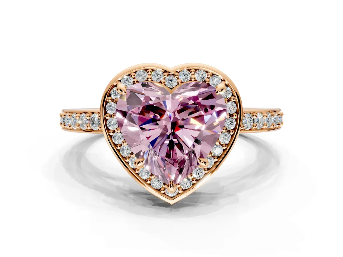 Halo Engagement Ring Setting for Fancy Pink Heart-Shaped Center with Metal-Rimmed Halo, Pave Band and Prong Head in Rose Gold