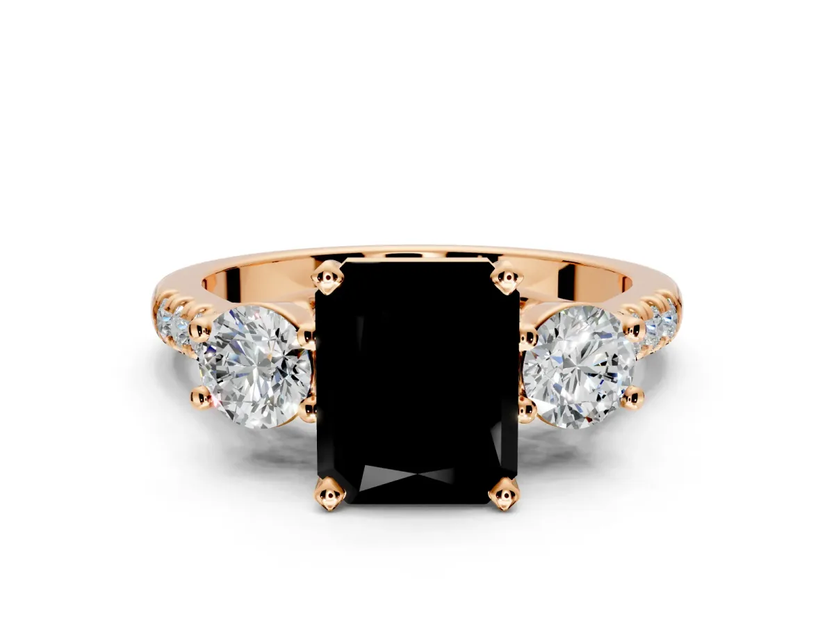 3 Stone Engagement Ring Setting for Fancy Black Radiant Cut Center with Crossover Basket, Pave Band and Prong Head in Rose Gold