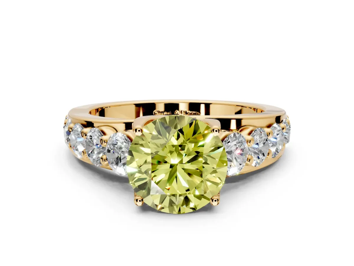 Solitaire Engagement Ring Setting for Fancy Yellow Round Cut Center with Graduated Shared Prongs and Prong Head in Yellow Gold