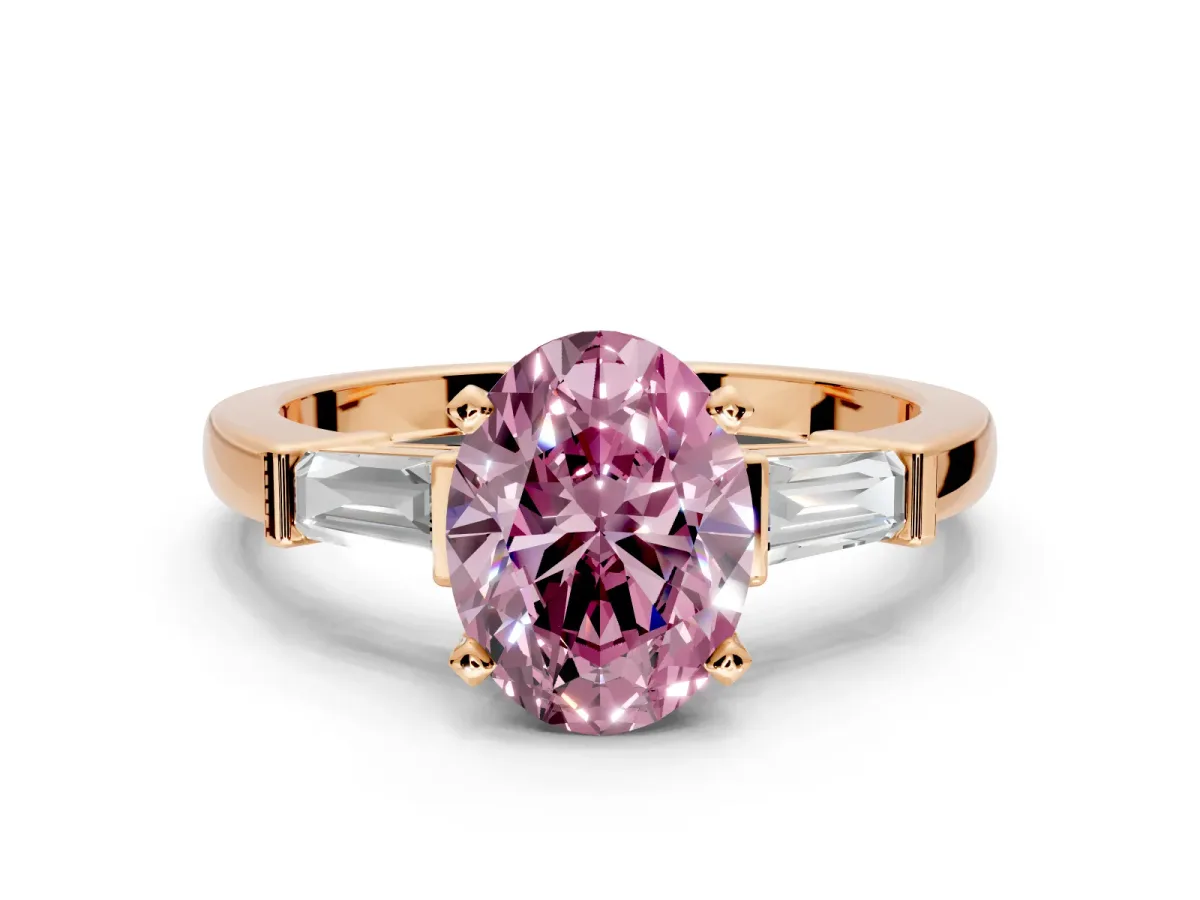 3 Stone Engagement Ring Setting for Fancy Pink Oval Center with Channel Baguette Accents and Prong Head in Rose Gold