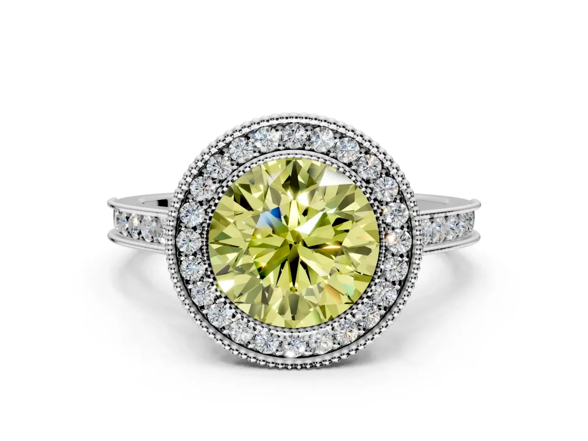 Halo Engagement Ring Setting for Fancy Yellow Round Cut Center with Milgrain Pave Band and Bezel Head in Sterling Silver