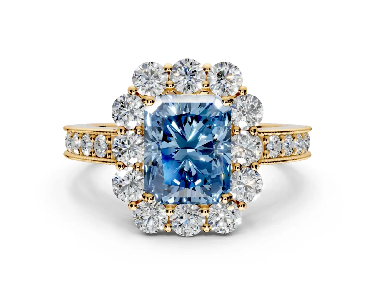 Halo Engagement Ring Setting for Fancy Blue Radiant Cut Center with Milgrain Channel Band and Prong Head in Yellow Gold