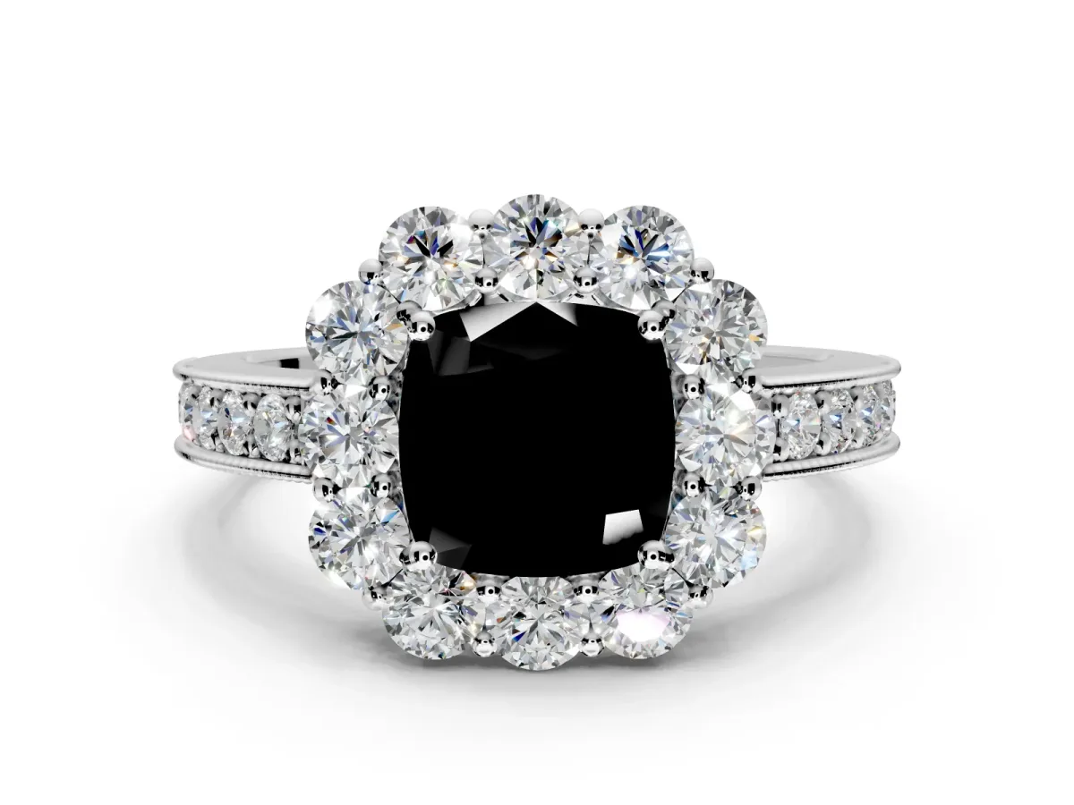 Halo Engagement Ring Setting for Fancy Black Cushion Cut Center with Milgrain Channel Band and Prong Head in Sterling Silver