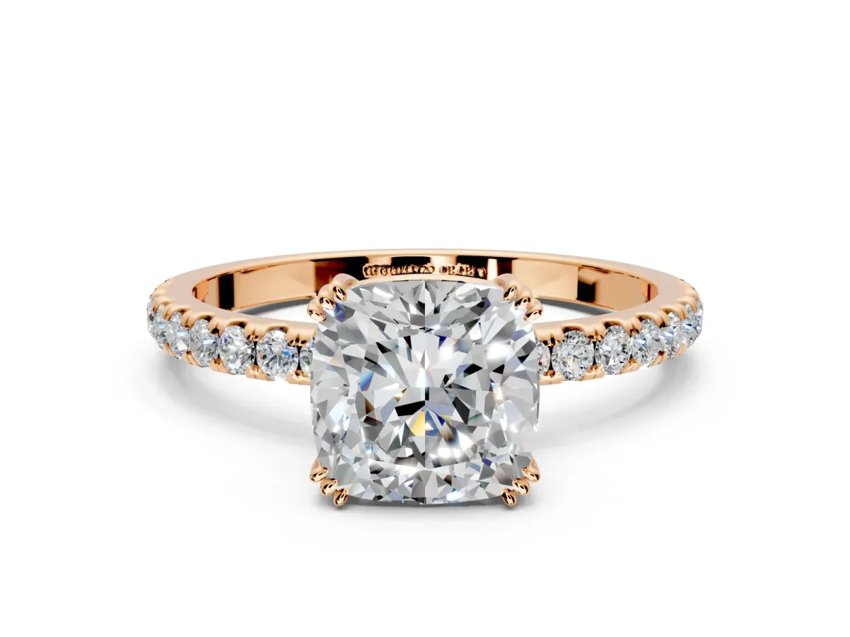 Solitaire Engagement Ring Setting for Cushion Cut Center with Pave Band and Claw Prong Head in Rose Gold