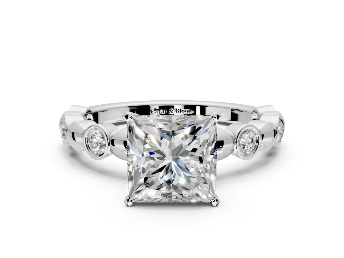 Solitaire Engagement Ring Setting for Princess Cut Center with Beaded Bezel Station Band and Prong Head in Platinum