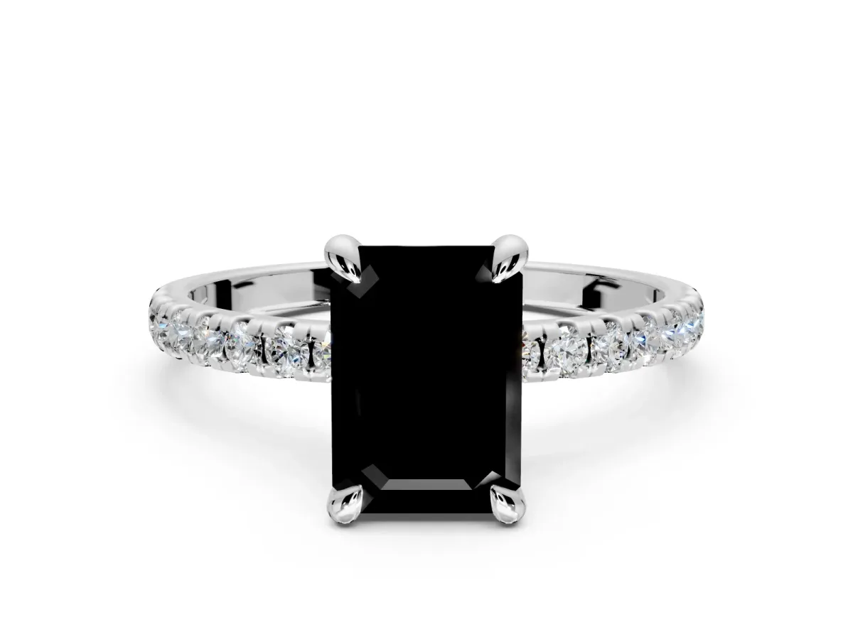 Solitaire Engagement Ring Setting for Fancy Black Emerald Cut Center with Fine Pave Narrow Band and Prong Head in Platinum