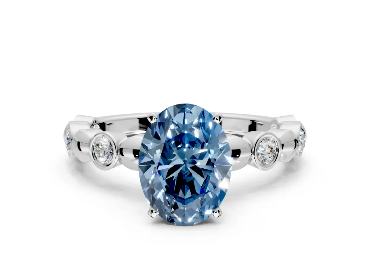 Solitaire Engagement Ring Setting for Fancy Blue Oval Center with Beaded Bezel Station Band and Prong Head in Platinum