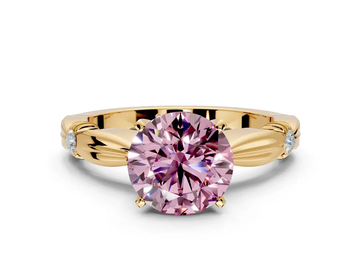 Solitaire Engagement Ring Setting for Fancy Pink Round Cut Center with Carved Leaf Shoulders and Prong Head in Yellow Gold