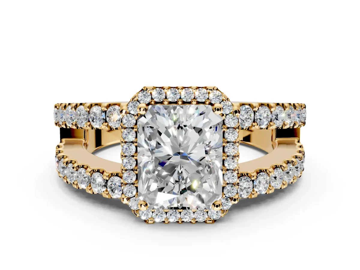 Halo Engagement Ring Setting for Radiant Cut Center with Wide-Open Pave Split Shank and Prong Head in Yellow Gold