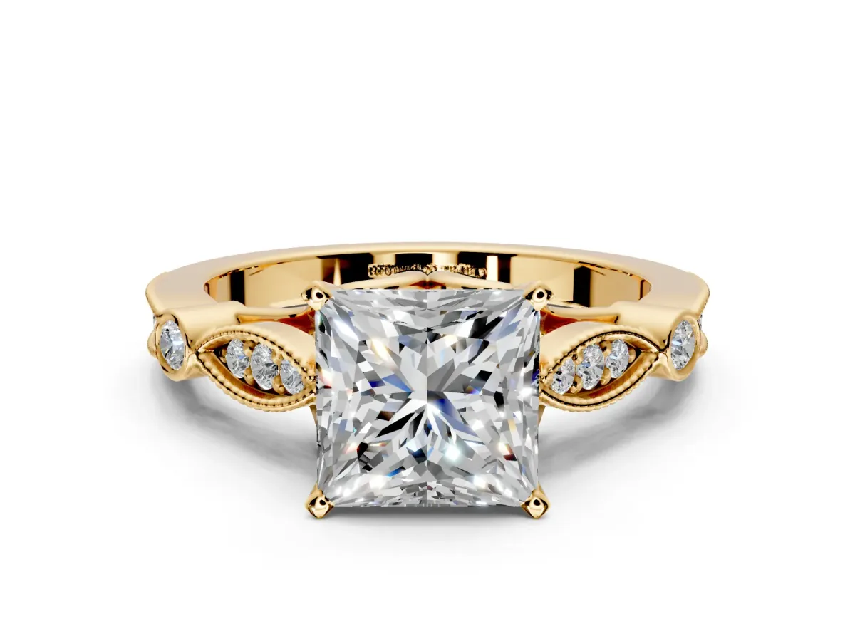 Solitaire Engagement Ring Setting for Princess Cut Center with Marquise and Bezel Accents and Prong Head in Yellow Gold