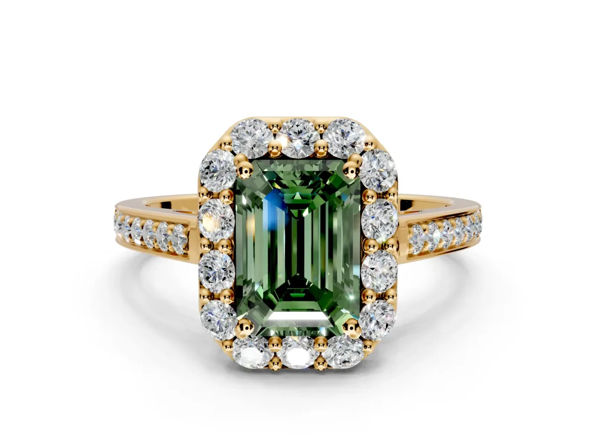 Floral Halo Engagement Ring Setting for Fancy Green Emerald Cut Center with Large Halo Accents and Prong Head in Yellow Gold