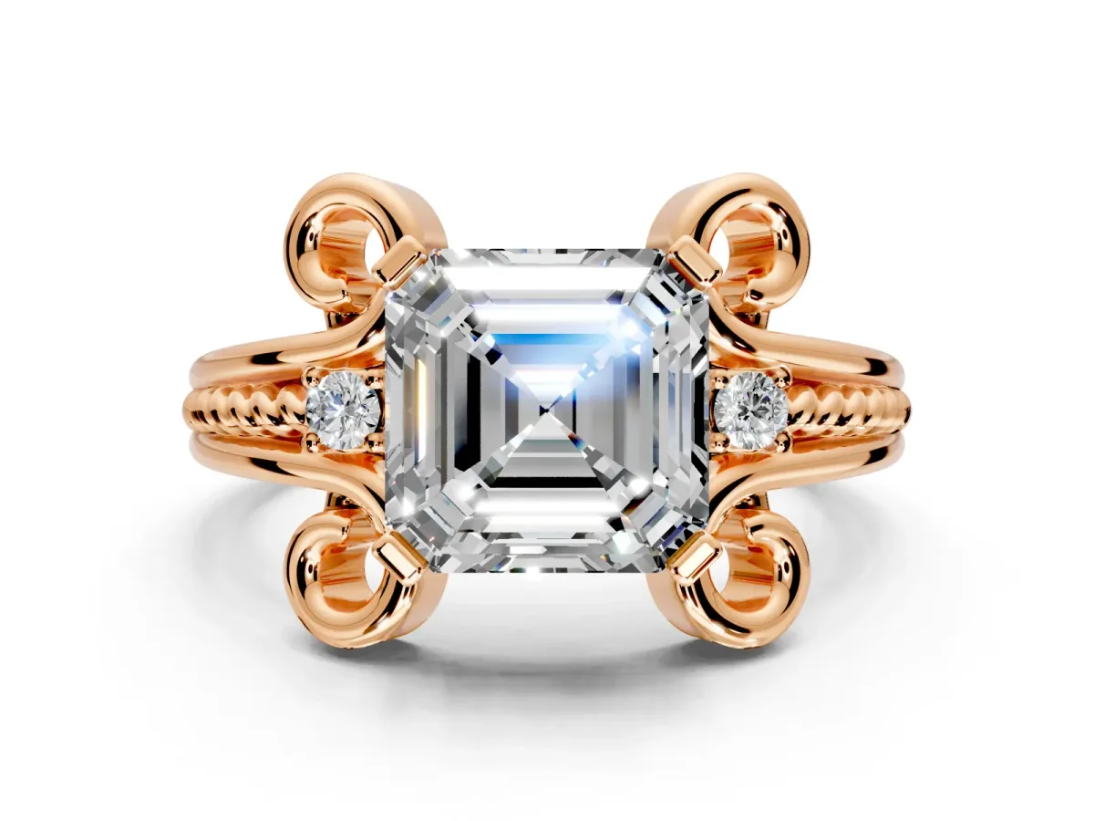 Solitaire Engagement Ring Setting for Asscher Cut Center with Twisted Band and Scroll Prong Head in Rose Gold