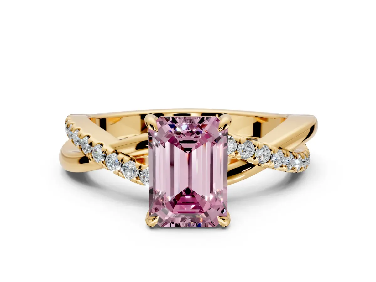 Crossover Engagement Ring Setting for Fancy Pink Emerald Cut Center with Pave and Plain Strands and Prong Head in Yellow Gold