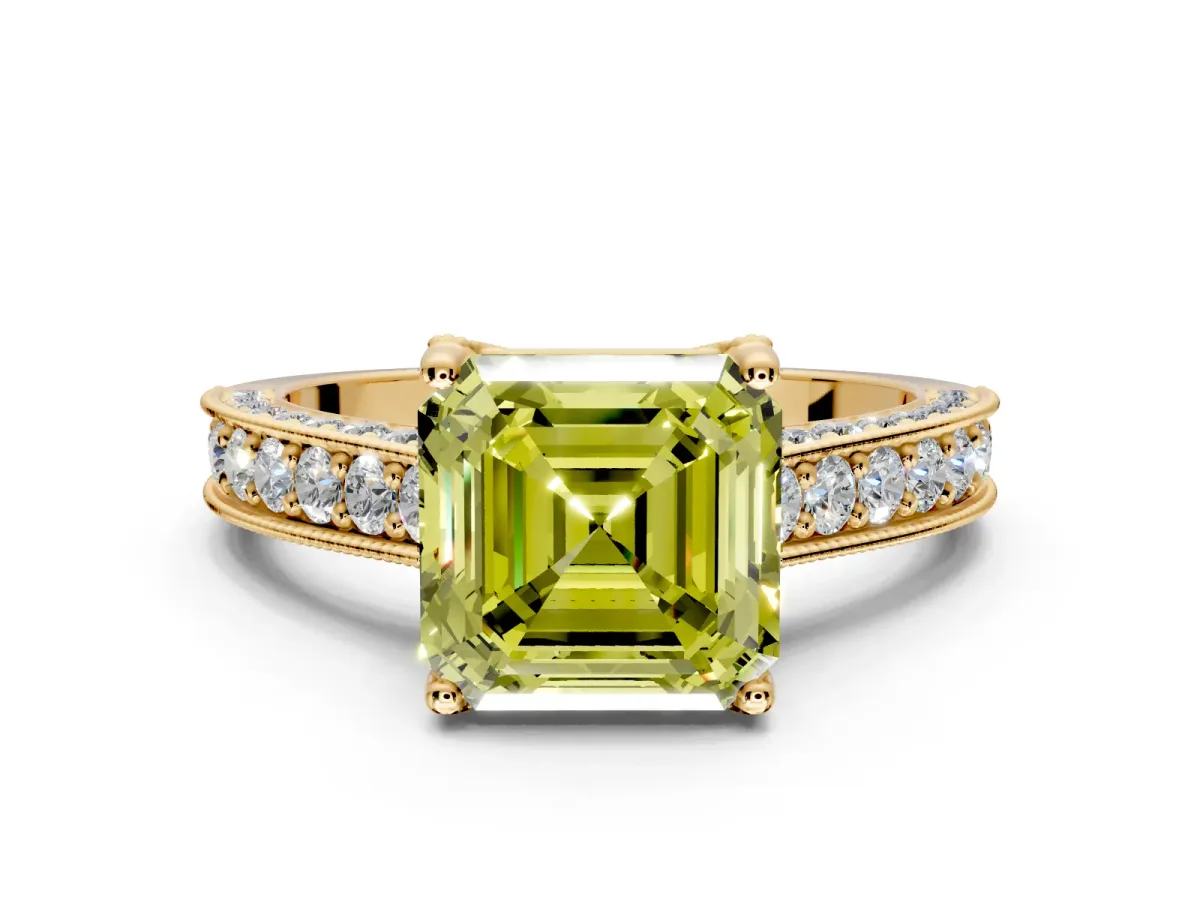 Solitaire Engagement Ring Setting for Fancy Yellow Asscher Cut Center with Milgrain-Framed Pave Band and Prong Head in Yellow Gold