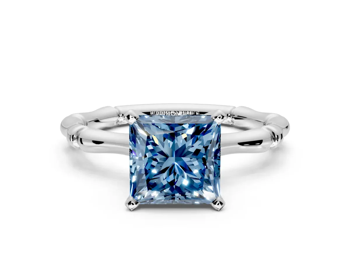 Solitaire Engagement Ring Setting for Fancy Blue Princess Cut Center with Bamboo Band and Prong Head in Platinum