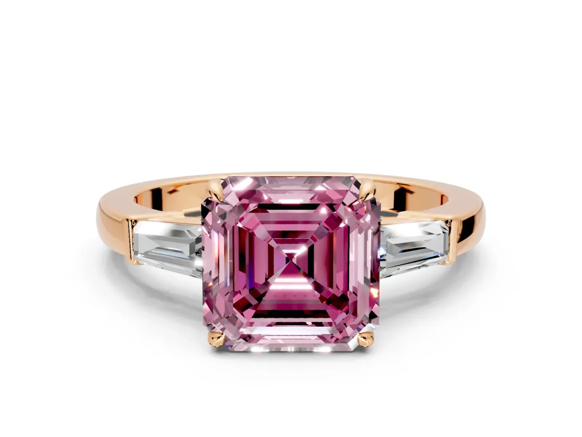3 Stone Engagement Ring Setting for Fancy Pink Asscher Cut Center with Baguette Accents and Prong Head in Rose Gold