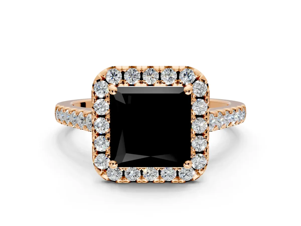 Halo Engagement Ring Setting for Fancy Black Princess Cut Center with Narrowing Pave Band and Prong Head in Rose Gold