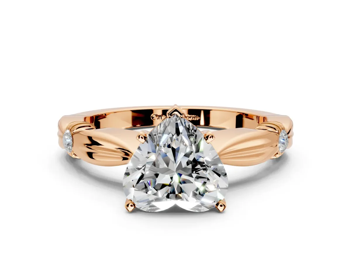 Solitaire Engagement Ring Setting for Heart-Shaped Center with Carved Leaf Shoulders and Prong Head in Rose Gold