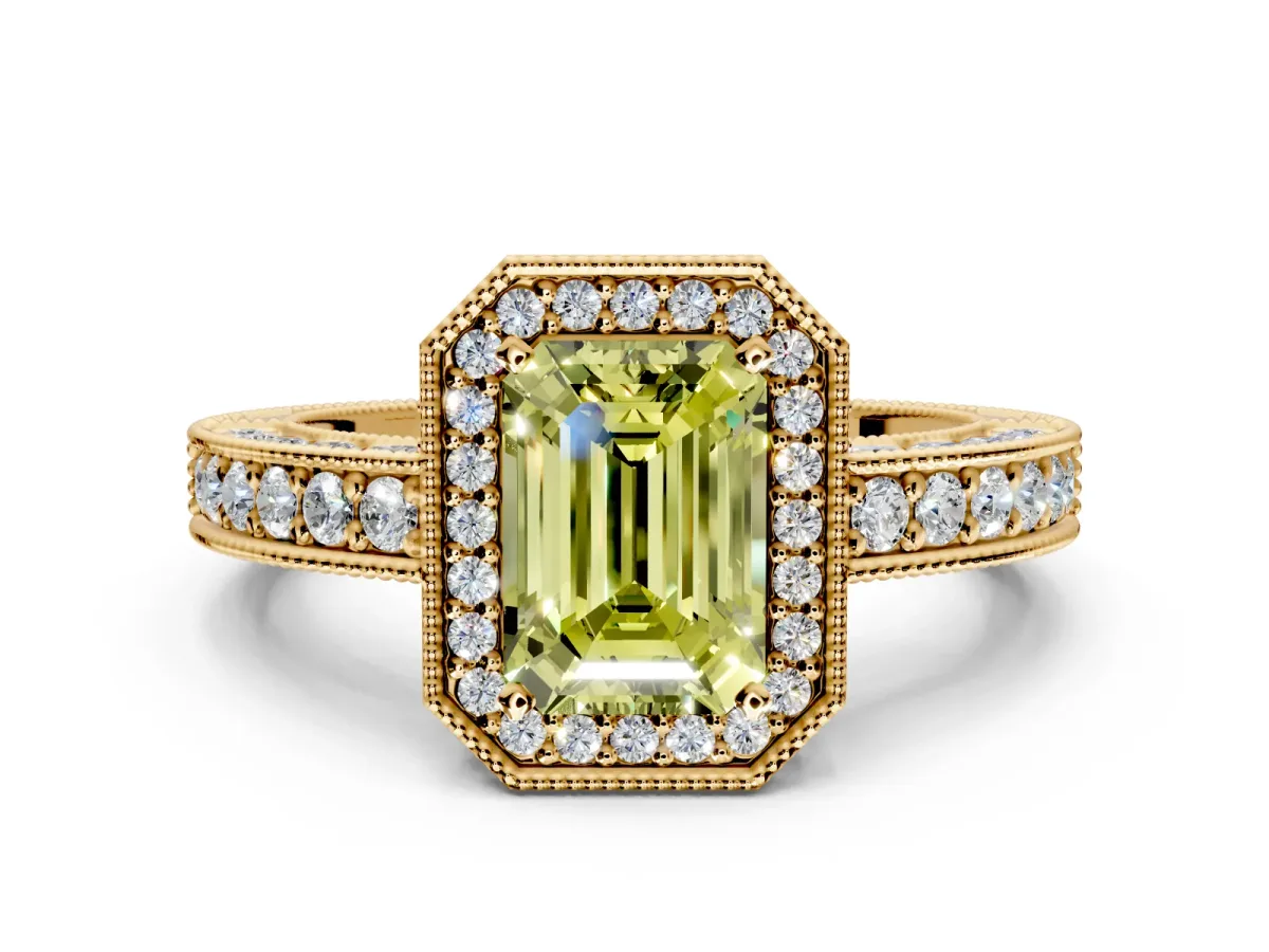 Milgrain Halo Engagement Ring Setting for Fancy Yellow Emerald Cut Center with Wide Pave Band and Prong Head in Yellow Gold